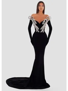 Casual jurken vrouwen sexy strapless steentjes Black Velvet Maxi Long Prom Jurk Elegant Club Party Celebrate Evening Birthday In Dress