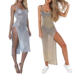 Robes décontractées Femmes Sexy Summer Suncreen Sheer Mesh Bikini Cover Up Metallic Couleur solide Backless High Slit Beach Club Party sans manches