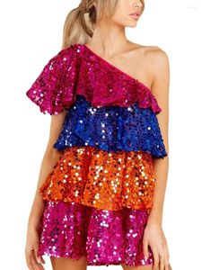 Casual jurken vrouwen glanzende pailletten mini -jurk spaghetti riem backless gelaagde glitter franje feest club sparkly dance