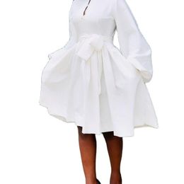 Robes décontractées femmes chemise robe une ligne plissée manches longues lanterne avec poches élégantes dames mode automne blanc femme africaine