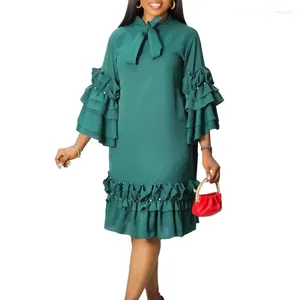 Casual jurken dames shirt jurk los 4 3 mouwen geplooide ruches boogkraag elegante dames Afrikaanse lente zomers kantoor werkkleding kerk