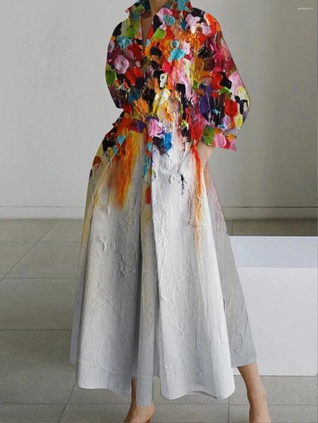 Robes décontractées femme robe de chemise vintage élégante A-line plissée collier de revers d'automne dame femelle peinture à l'huile florale