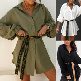 Robes décontractées Femmes Chemises Robe Office Lady Long Puff Sleeve Reprod Down Collar High Waist Mini Tie Button Shirt Tops