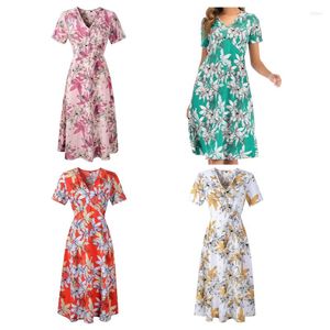 Robes Décontractées Femmes À Manches Courtes En Mousseline De Soie Midi Longue Robe Swing Sexy Col En V Floral Imprimé Taille Élastique Évasée Flowy Plage Robe De Soleil