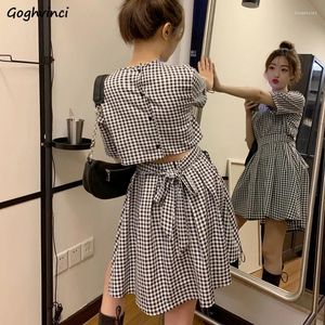 Casual jurken dames korte mouw geruite uitgeholde ruches sexy ulzzang elegante streetwear chique retro vetersluiting ontworpen zoete vrouw