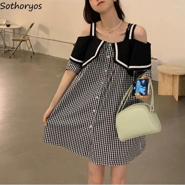 Vestidos casuales Mujeres de manga corta a cuadros de un solo pecho Ocio elegante retro streetwear a-line patchwork diseño encantador ulzzang adolescentes