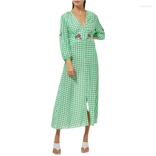 Vestidos casuales Mujeres Seda Pesado Vestido de bordado Green Plaid Print Lady V Cuello Cintura Midi