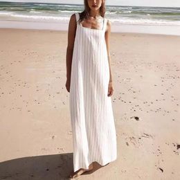Robes décontractées Femmes Simple robe sans manches Stripe Imprime Summer Summer Feme Femme Pullover Street Beach Long Vêtements
