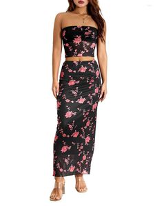 Robes décontractées femmes jupe ensemble fleur imprimé sans bretelles dos nu bustier tubulaire avec taille basse longue été Streetwear tenue