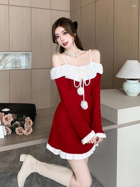 Robes décontractées Femmes Slash Neck Patchwork Red Christmas Autumn Hiver Sweet Lace-Up Flounce Design Sense Mini Robe de cérémonie