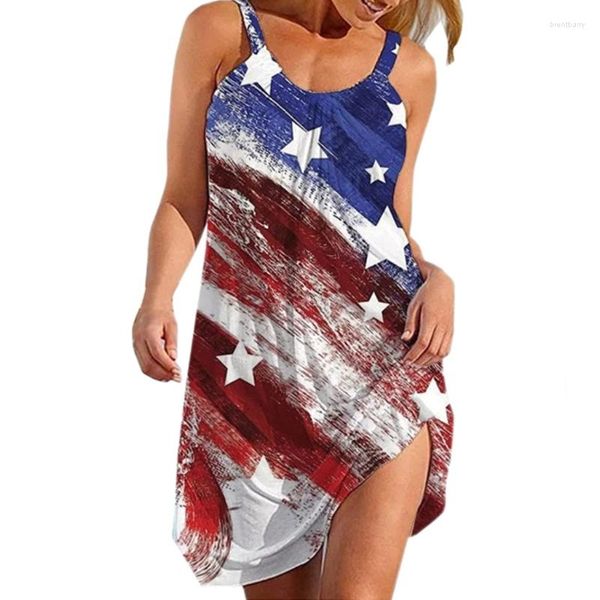 Vestidos casuales Mujeres sin mangas Halter Flowy Long para Tank Dress Vintage Sunflower American Flag Printed Flared Hem Loose Beach Sundres
