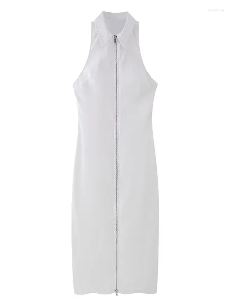 Vestidos casuales Mujeres sin mangas Verano Damas 2024 Moda Trench Estilo Cremallera Blanco Vestido recto largo