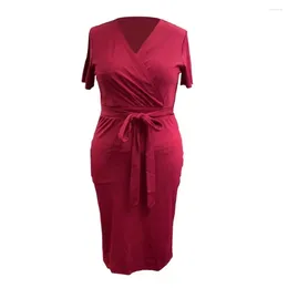 Robes décontractées Femmes Robe mince à ajustement élégant Plus taille V Non soir ceinturé pour Slim Fit Couleur de couleur Sage midi avec court