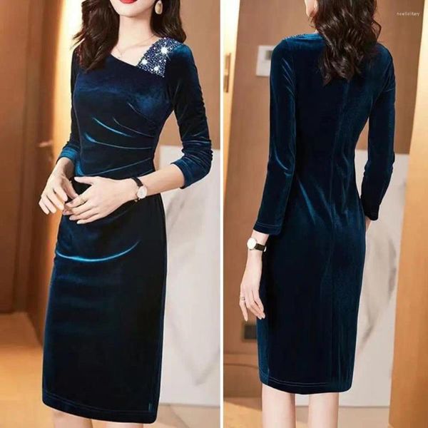 Robes décontractées Femmes Robe cintrée Brillant Strass À Manches Longues Midi Femme Pour Automne Hiver Fête De Bal Avec Coupe Slim Taille Serrée