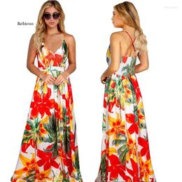 Robes décontractées Femmes Sling Floral Long Summer Col V-Col Dos Nu Floarl Imprimer Party Beach Boho Maxi Robe Sexy Sundress Lady Robe