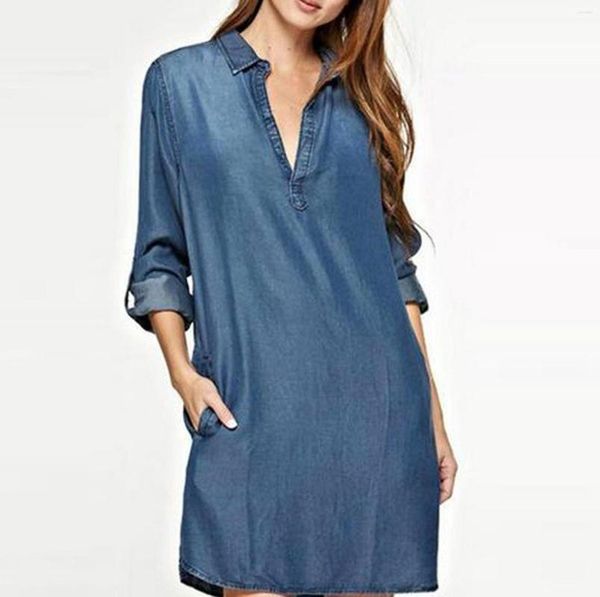 Robes décontractées femmes robe en jean doux à manches longues col rabattu chemise bleu Jean Vestido # G2