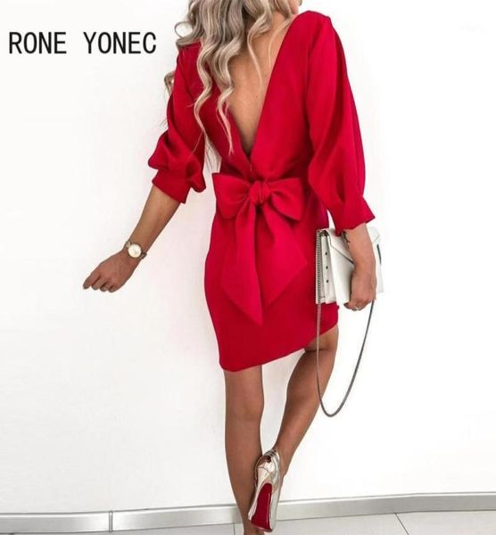 Robes décontractées femmes solide dos nu élégant trois quarts lanterne manches arc dos mini aline formelle fête rouge dress1427582