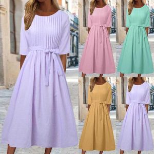 Vestidos casuales para mujeres color sólido sólido vestido elegante plisado primavera manga corta manga redonda cuello suelto versátil largo