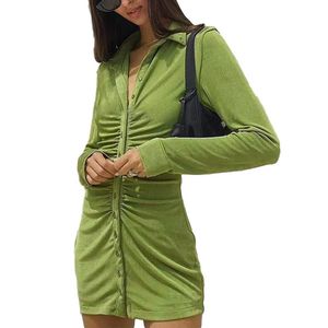 Vestidos casuales Mujeres Color Sólido Vestido Flaco Manga Larga Solapa Plisada Cerrada De Una Pieza Verde / Naranja