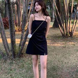 Vestidos casuais mulheres design sólido dobras slim sile-slit sexy ulzzang senhoras cintura alta mini espaguete cinta simples streetwear verão ins