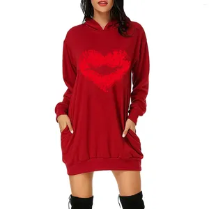 Robes décontractées Femmes Solid Sweat à capuche Robe Lâche Love Motif Imprimer Vêtements d'extérieur Sweats à capuche Dames à manches longues Poche Sweat à capuche