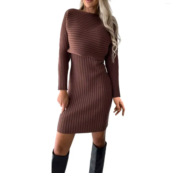 Vestidos casuales Mujeres Sólido Punto Manga larga Tops Suéter Lindo Vestido Plus Tamaño Slim Flaco Otoño Invierno Elegante