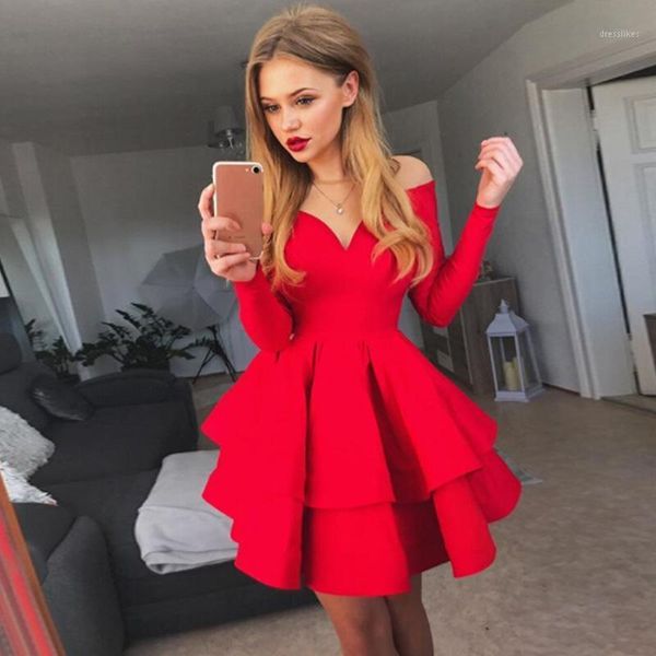 Vestidos casuales Mujeres Sólido Manga larga Sexy Clubwear Escote en V Fuera del hombro Vestido de fiesta de noche Rojo para mujer Tallas grandes