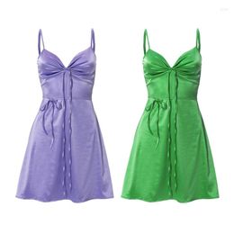 Robes décontractées Femmes Spaghetti Strap Satin Sexy V-Neck Ruched Bandage A-Line Slim Mini Dress
