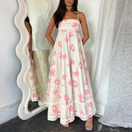 Casual jurken vrouwen spaghetti riemen vierkante nek lange jurk mouwloze smokte rickrack trim maxi boho bloemen flowy