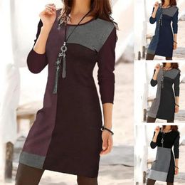 Robes décontractées femme robe de printemps couleur correspondante géométrique rond manche à manches longues plie midi dres tricot pull mini-