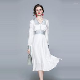 Casual jurken vrouwen lente elegant witte lange jurk festa hoogwaardige jacquard feest gewaad femme vintage kralendesigner vestidos