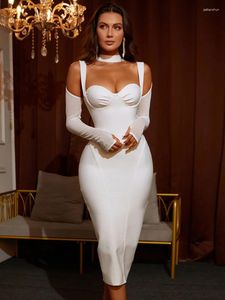 Robes décontractées Femmes Spring Style Sexy Key Hole à manches longues Mesh White Midi Bodycon Bandage Robe 2024 Elegant Evening Club Party