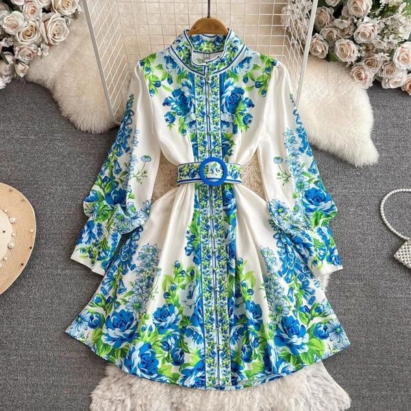 Vestidos casuales Mujeres Primavera Verano 2024 Runway Moda Estampado de flores Vestido vintage Soporte Cuello Manga larga Linterna con cinturón Mini 6562