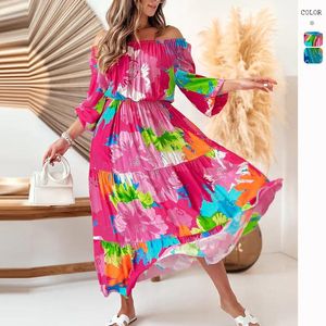 Vestidos casuales para mujeres primavera verano hermoso vestido de playa tres cuartos de manga estampado un cuello de una línea Fit A-Line