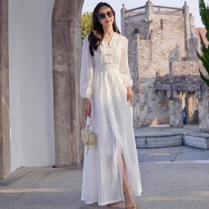 Robes décontractées Femmes Printemps Été Blanc Cheville-Longueur Robe Mode Col En V À Manches Longues Vacances Élégant Fluide Mince