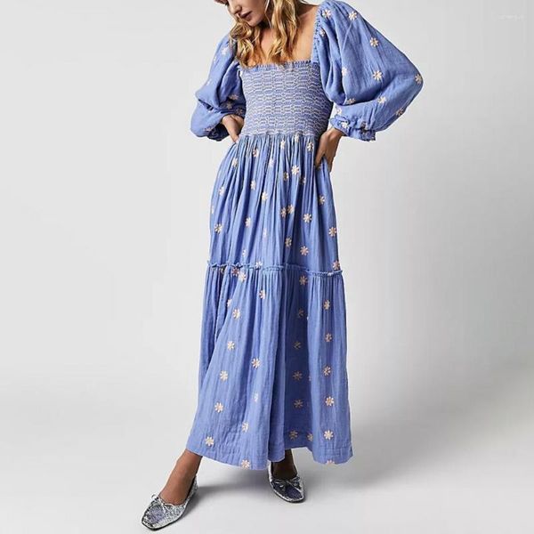 Robes décontractées femmes col carré plissé trois quarts lanterne manches fleur imprimé patchwork a-ligne lâche ourlet dame robe midi