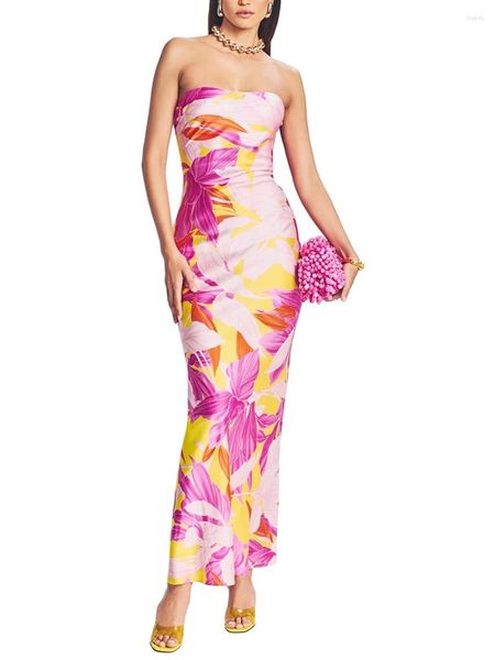 Vestidos informales Mujeres Tubo de estampado floral sin tirantes Vestido largo Sexy Open-Hourder Open Back Backcon Bandeau Maxi Y2K Clubwear