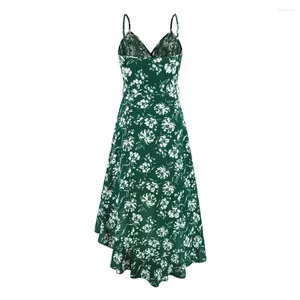 Vestidos informales Vestido de tiras para mujer Estampado floral Midi con detalle de cordones Dobladillo con volantes Vacaciones para mujer Vestido de playa para verano