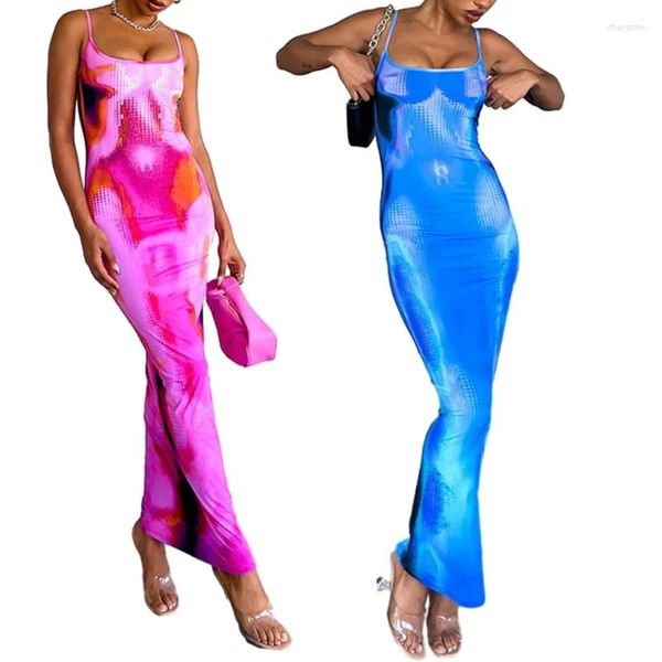 Vestidos casuales Mujeres Fraspas Sexy Sexy Tie Sin Dye Dye Print Bodycon Party Club Maxi Vestido largo