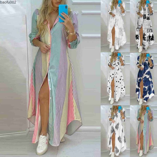 Robes décontractées Femmes Stripe print Long Shirt Dress Fashion Boho Beach Button Big Maxi Dress 2023 Nouvelle Lettre Surdimensionnée Robe vestidos para mujer W0315