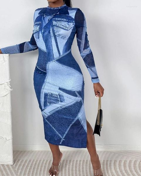 Robes décontractées Femmes Style Robe 2024 Printemps / Été Dernières All Over Print Denim Look O-Cou Skinny À Manches Longues Bodycon Daily Maxi Jupe