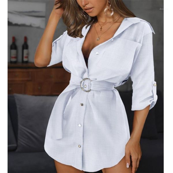 Robes décontractées Femmes Style Chemise Robe Été Solid Office Lady Mode Slim Boutons Mini Robes avec ceinture Plus Taille Blanc Noir Kaki