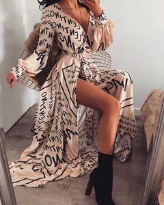 Robes décontractées Femmes Summe Lettre Imprimer Boho Col V Manches longues Slit Maxi Robe Beach SundressCasual