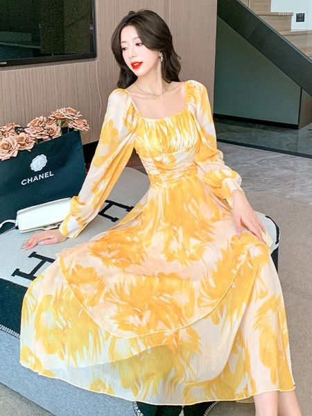 Robes décontractées Femme Été 2024 Robe longue jaune Elegant Murffon Floral Chic tunics coréen Fashion Beach Prom MIDI SEILLE