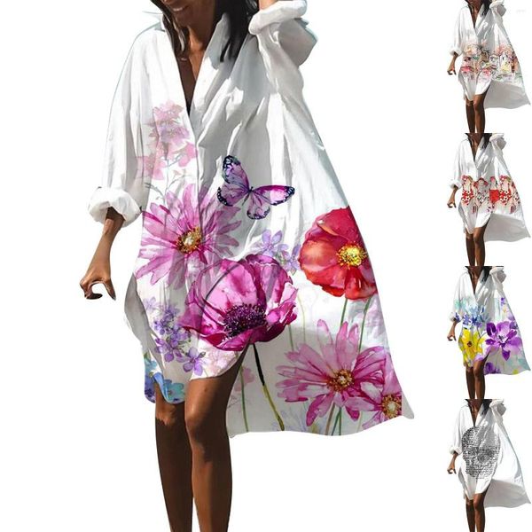 Vestidos casuales de verano para mujer, vestido bohemio, camisa estampada para moda Floral, manga larga, playa, vestidos playeros hawaianos