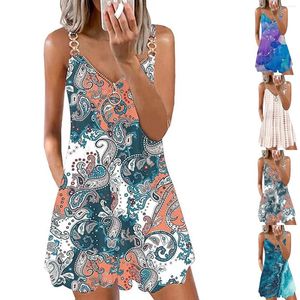 Casual Jurken Vrouwen Zomer Boho Bloemenprint Strandjurk V-hals Mouwloos Spaghetti Overgooiers Met Zakken Vestido Feminino