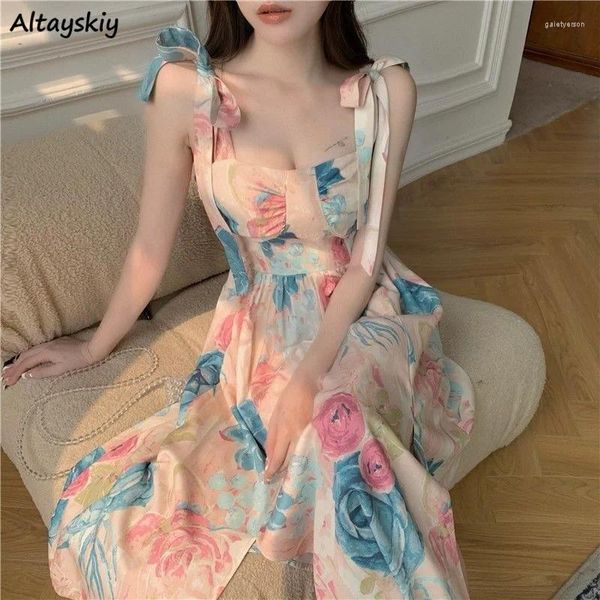 Robes décontractées Femmes Summer Bow Fashion Party Wear Romance Ulzzang Style français Side-Split Retro Festival Féminin Floral Sans manches