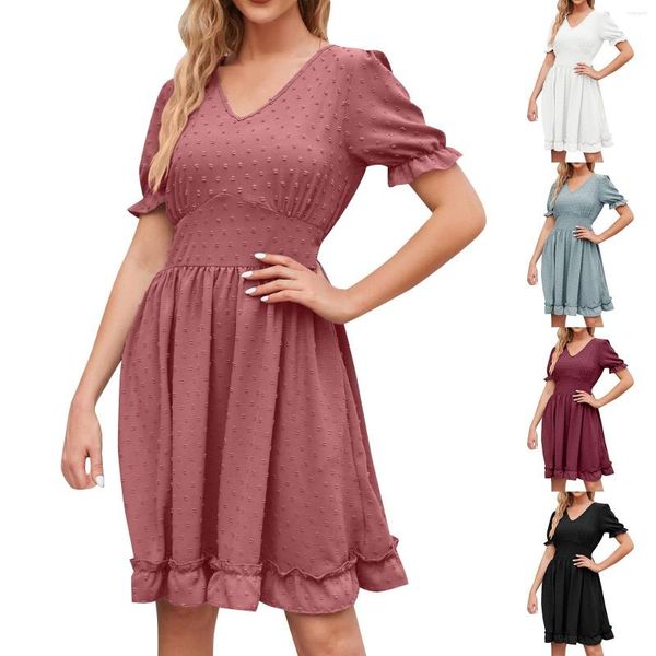 Robes décontractées femmes été bulle manches col en V robe Simple exquis femme élégante une ligne fête Vestidos tempérament longueur au genou