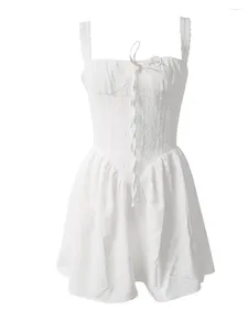 Casual jurken dames zomer chic witte jurk kanten trim tie-up voorop ruches korte a-line mouwloos backless korset feestje