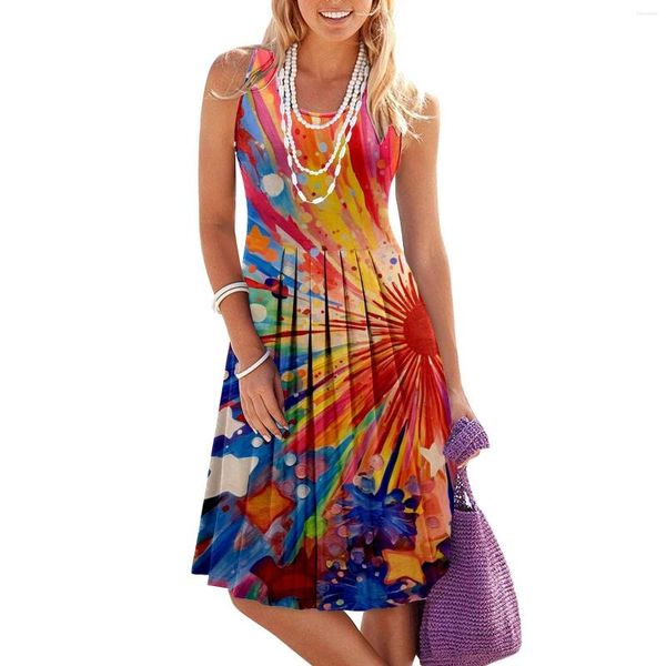 Vestidos casuales Mujeres Verano Cómodo Sin mangas Vestido sin mangas Swing Sundress Flowy Tiered Maxi Beach